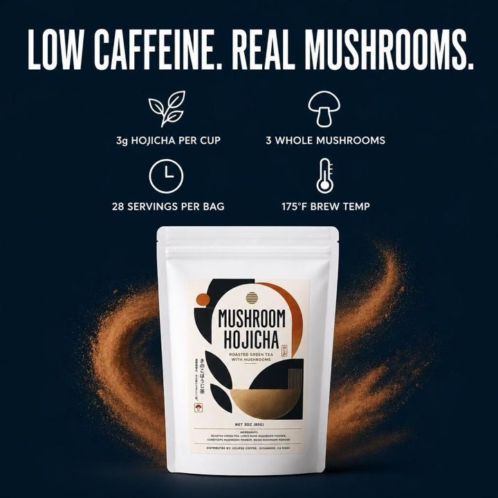 Matcha mushroom benefits grid: steady energy, 3 whole mushrooms, 28 servings, 175°F brew temp
