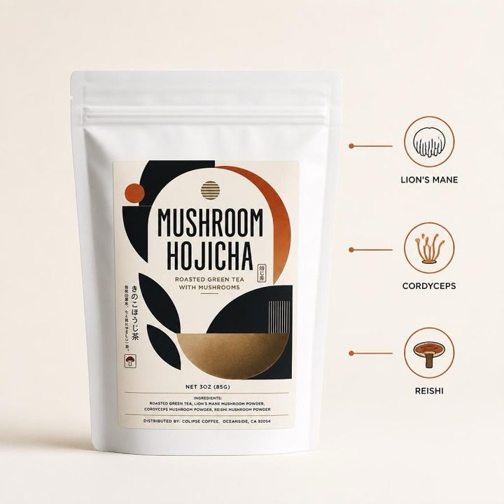 Matcha mushroom ingredients callout: Lion's Mane, Cordyceps, and Reishi