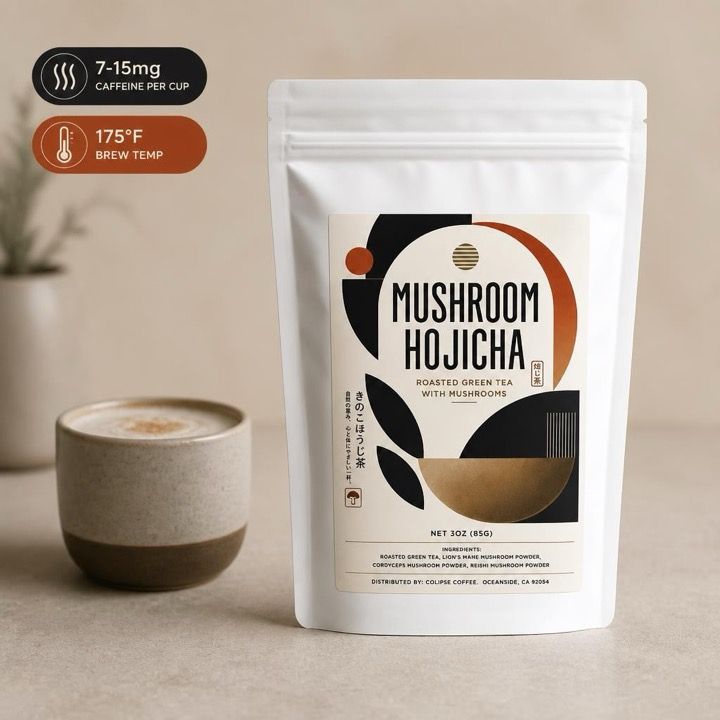 Mushroom matcha bag with about 30-70mg caffeine per cup and 175°F brew temperature