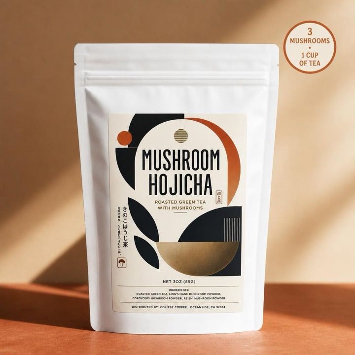 Mushroom matcha bag showing 3 mushrooms in every cup of tea