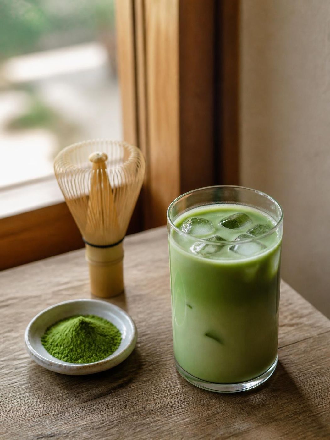 Iced mushroom matcha latte recipe with milk and bamboo whisk