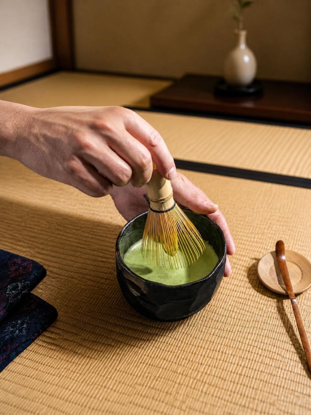 Whisking matcha with a bamboo chasen in a traditional Japanese tea bowl