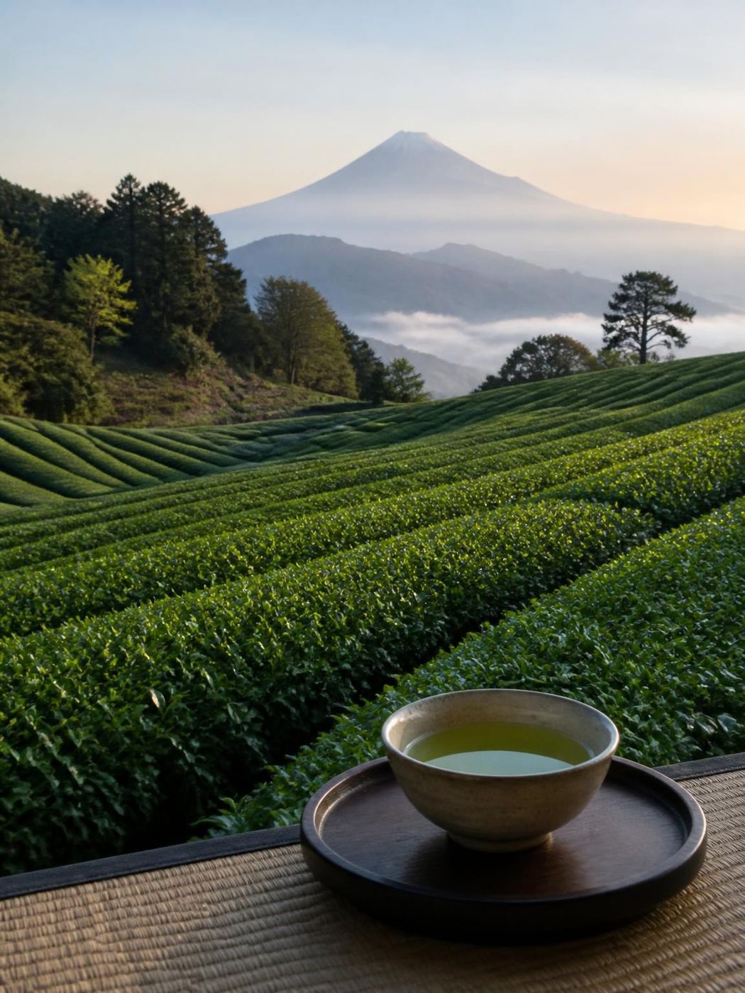 Tea garden in Shizuoka, Japan with Mt. Fuji in the distance