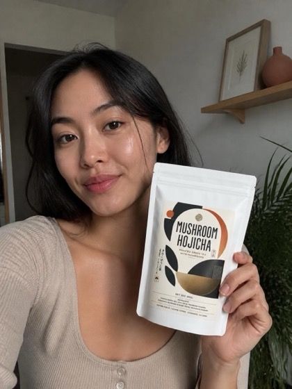Customer sharing a mushroom tea blend brewed as a daily wellness drink